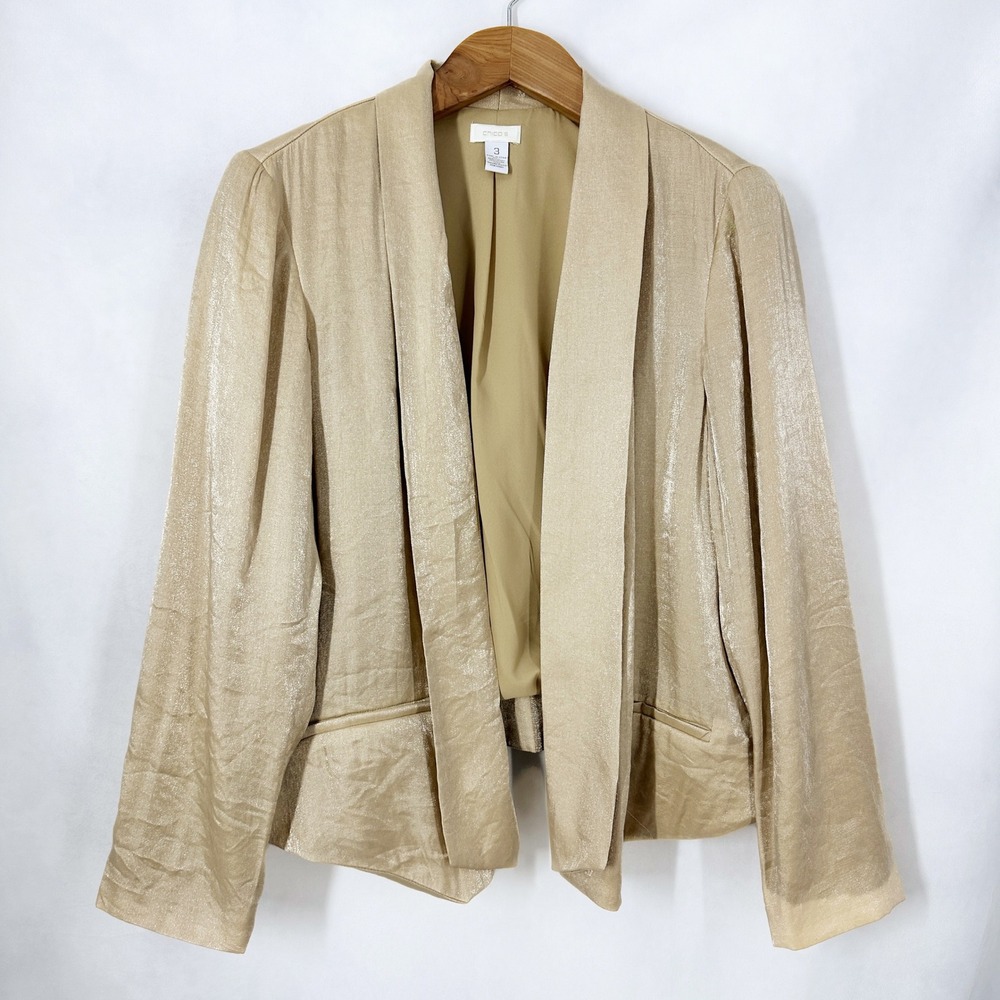 Chico's Sz 3 Long Sleeve Solid Gold Metallic Open‎ Front Jacket Women's Size XL